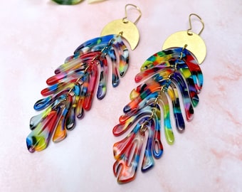 Tropical Moon Fern Earrings - Rainbow Confetti