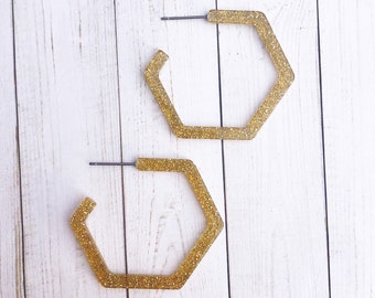 Gold Glitter Hexagon Hoop Earrings