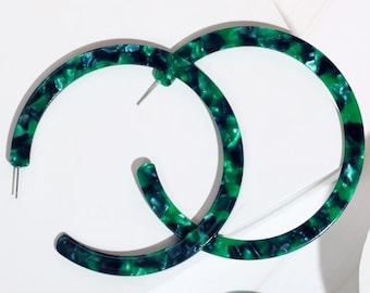 HUGE 3.3 inch Emerald Acetate Hoop Earrings