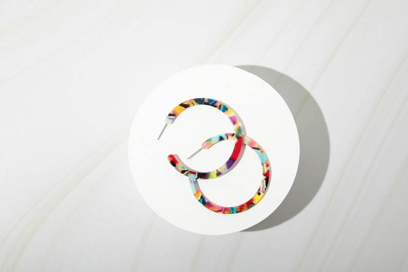 Medium Rainbow Multicolor Acetate Hoop Earrings image 1