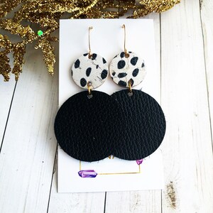 Black Leather and Dalmatian Stacked Circles Earrings