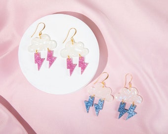 Storm Cloud Earrings with Glitter Lightning in Blue or Pink