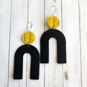 Black with Mustard Accent Leather Arch Earrings