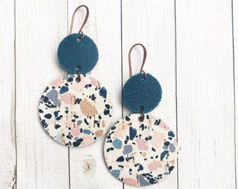 Blush and White Multi Modern Cork and Leather Stacked Circles Earrings