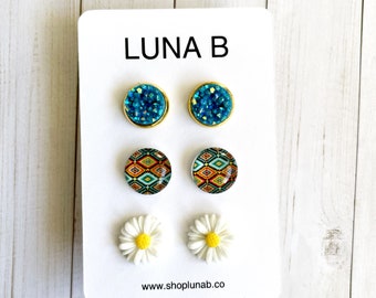 Three Pack of Stud Earrings - Gift Set - Teal Druzies, Teal Glass Studs, Daisy Studs