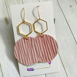 Blush Pink Leather Circle and Gold Hexagon Earrings