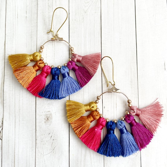 Spring Multicolor Rainbow Tassel Hoop Earrings Etsy