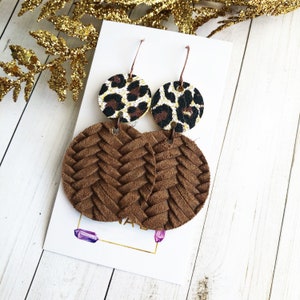 Rich Brown Leather and Leopard Leather Stacked Circles Earrings