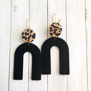Black with Cork Leopard Accent Leather Arch Earrings