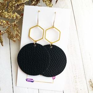 Black Leather Circle and Hexagon Earrings
