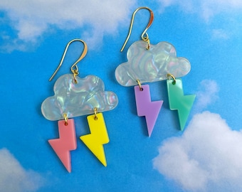 Storm Cloud Earrings with Rainbow Lightning