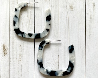 Square Hoops in Black & Pearl Dalmatian - Acetate Hoop Earrings