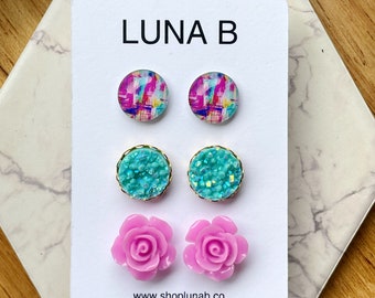 Stud Earrings Three Pack - Watercolor Pink Roses & Turtquoise Druzies
