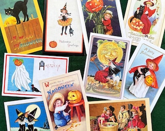 May include: A collection of ten vintage-style Halloween postcards featuring illustrations of black cats, children in costumes, jack-o'-lanterns, and moons. The cards display various festive greetings and colorful artwork with themes of autumn, pumpkins, and spooky characters.