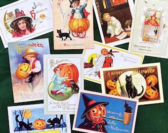 May include: A collection of ten vintage-style Halloween postcards featuring illustrations of children in costumes, black cats, jack-o'-lanterns, and pumpkins. The cards include text such as Jolly Halloween, A Merry Halloween, and Halloween Greetings, displayed in various fonts and colors.