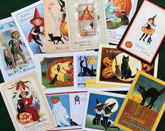 May include: A collection of vintage-style Halloween postcards featuring illustrations of black cats, jack-o'-lanterns, witches, and children in costumes. The cards display various festive greetings and imagery, including moons, fences, and bats, arranged in a layered, overlapping display.