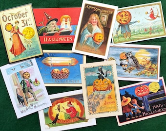 May include: A collection of ten vintage-style Halloween postcards featuring colorful illustrations of pumpkins, witches, black cats, owls, and children. The cards display various festive scenes with text including October 31st, A Happy Halloween, and Hail Halloween.