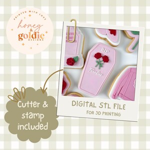 May include: A selection of pink cookies, one shaped like a coffin with "RIP Twenties" and red roses. The image is labelled "DIGITAL STL FILE FOR 3D PRINTING" and includes a graphic stating "Cutter & stamp included".