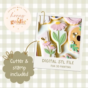 Pode incluir: Uma coleção de biscoitos com tema de flores e abelhas, incluindo um número um, uma margarida e uma colmeia. Os biscoitos são decorados com glacê rosa, amarelo, verde e branco. A imagem inclui o texto "DIGITAL STL FILE FOR 3D PRINTING" e "Cutter & stamp included."