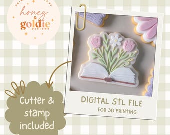 Floral book cookie stamp and cutter (Digital Download)