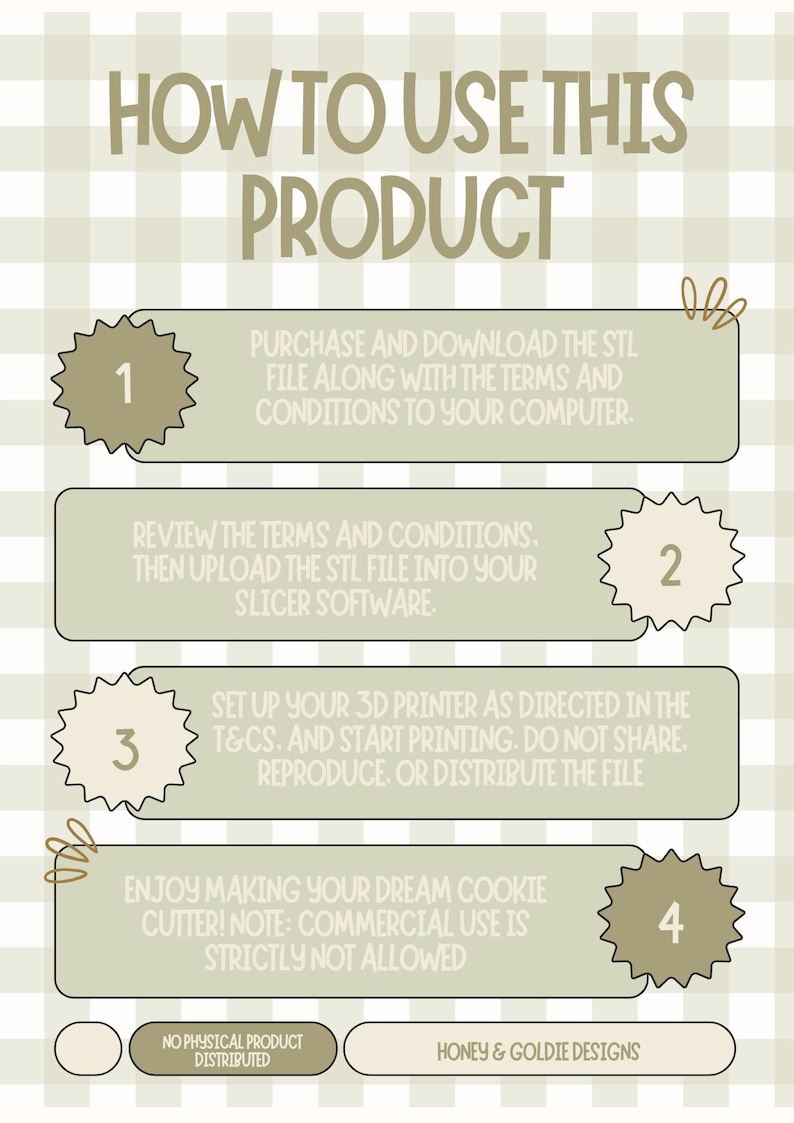 K&ouml;nnte beinhalten: Beige und wei&szlig;e Grafik mit Anweisungen zur Verwendung eines Produkts. Der Text lautet oben "WIE SIE DIESES PRODUKT VERWENDEN". Zu den Schritten geh&ouml;ren das Herunterladen einer Datei, die &Uuml;berpr&uuml;fung der Bedingungen, das Einrichten eines 3D-Druckers und die Nutzung des Produkts.