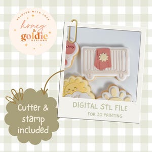 May include: A digital STL file for 3D printing featuring cookie cutters and stamps in the shapes of a baby crib with a blanket and sun, a smiling sun, and a cloud. The text reads DIGITAL STL FILE FOR 3D PRINTING and Cutter & stamp included.