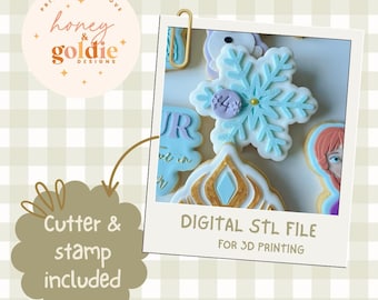 May include: A photo of decorated cookies, including a snowflake and a design with gold accents. The image includes the text "DIGITAL STL FILE FOR 3D PRINTING" and "Cutter & stamp included". The logo for Honey & Goldie Designs is also visible.