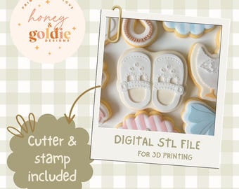 May include: A polaroid-style image showcasing baby-themed cookies, including a pair of white baby shoes. The image includes the text "DIGITAL STL FILE FOR 3D PRINTING" and "Cutter & stamp included". The background is a light green and white checkered pattern.