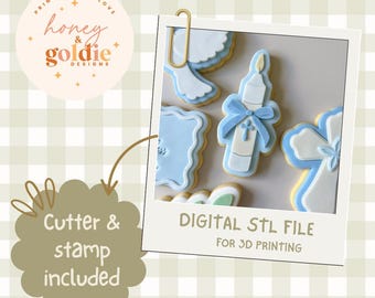 May include: A collection of light blue and white cookies in various shapes, including a candle, dove, and a framed design. The image is labeled "DIGITAL STL FILE FOR 3D PRINTING" and includes the text "Cutter & stamp included."