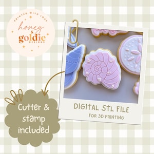 May include: Seashell-shaped biscuits with pink, blue, and white icing, presented in a polaroid frame. The image shows the text "DIGITAL STL FILE FOR 3D PRINTING". The image also includes the text "Cutter & stamp included".