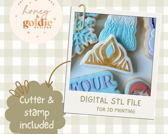 May include: A photo of decorated cookies in the shape of a crown, snowflakes, and the number four. The cookies are light blue, white, and gold. The photo includes the text "DIGITAL STL FILE FOR 3D PRINTING."