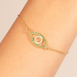 Gold Griechisch Evil Eye Armband - Handgefertigter 18K überzogener Schmuck - Minimalistischer Schutzanhänger - Personalisiertes Geschenk für sie - Zierliches doppelseitiges Design