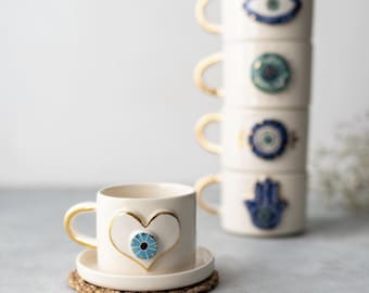 Handmade 24k Gold Love Evil Eye Coffee Cup: luxury housewarming gift, Ceramic Pottery Mugs - Housewarming Gift for Coffee Lovers-