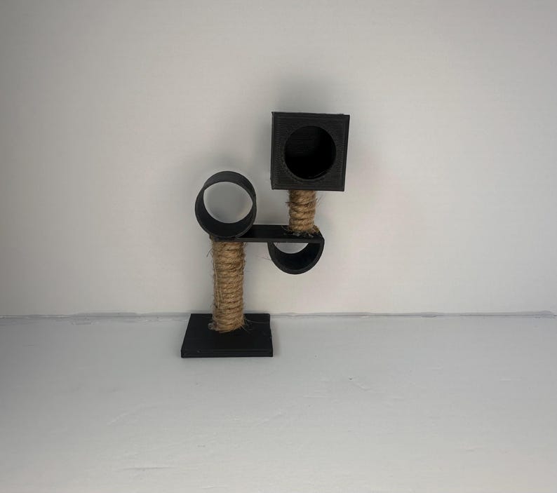 May include: A black cat tree with a square platform, a round platform, and a rope-covered post. The cat tree is made of wood and has a natural rope texture.