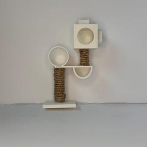 May include: White cat tree with a round platform, a square platform, and a sisal rope scratching post.