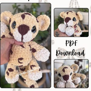 May include: A crochet plush cheetah toy named Chip the Cheetah, also known as CheeChee, featuring tan yarn with dark brown spots, a white muzzle, and large dark eyes. This is a PDF download pattern for a stuffed animal with a soft, textured finish.