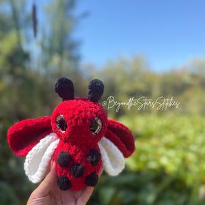 May include: A handmade crochet moth toy in red, black, and white. The plush insect has large, clear eyes, black antennae, and black spots on its body. The wings are red with white accents. The toy is held in a hand against a blurred outdoor background.
