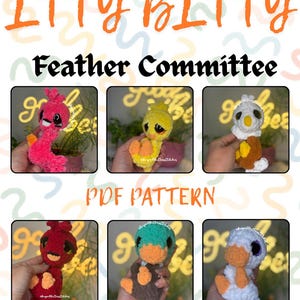 Puede incluir: Imagen promocional para un patrón PDF con seis figuras de pájaros de ganchillo. El texto "ITTY BITTY Feather Committee" se muestra en naranja y negro. Los pájaros de ganchillo son de varios colores, incluyendo rosa, amarillo, rojo, turquesa y blanco.