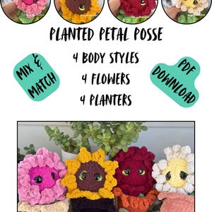 May include: A collection of four crocheted flower plushies in various colors, including pink, yellow, and red, each with expressive eyes and set in small planters. The image includes the text "PLANTED PETAL POSSE" and details about body styles, flowers, and planters.