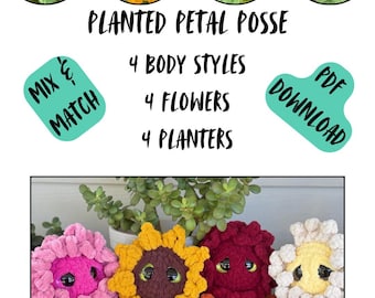 No-Sew Häkelblumenmuster | Sonnenblume, Rose, Pfingstrose, Gänseblümchen (PDF Download)