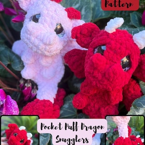 May include: Two handmade crochet dragon toys. One is light pink with red accents, the other is red with white accents. The dragons have large, reflective eyes. Text on the image reads "PDF Crochet Pattern" and "Pocket Puff Dragon Snugglers."