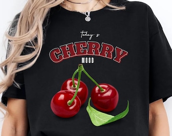 Estado de ánimo de cereza, camiseta linda de cereza, suéter minimalista extragrande con lazo y cereza roja, estética de Pinterest, club social femenino, lazo rosa de moda