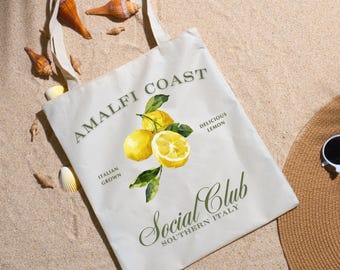 Sac fourre-tout citron de la côte amalfitaine, sac à provisions réutilisable écologique, sac de plage, cadeau pour la fête des mères, fourre-tout pique-nique, sac fourre-tout mode été