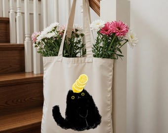 Sacola de compras com estampa de gato e limão, sacola de compras reutilizável e ecológica, bolsa de praia, presente para o dia das mães, sacola de piquenique, bolsa de verão da moda, limoncello