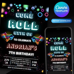 Editable Neon Birthday Invitation, Glow in the Dark Theme Invite Canva Template Digital Download