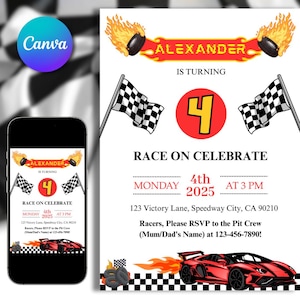Race Car Birthday Invitation, Hot Rod Theme Party Invite for Kids Digital Download Editable