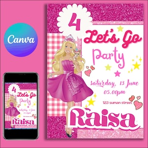 Pink Doll Birthday Invitation, Glam Doll Party Invite for Girls, Cute Fashion Doll Birthday Template Editable Instant Download Invitation