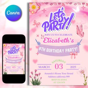Invitación de cumpleaños con letra de parche rosa, invitación de cumpleaños de mariposa imprimible, fiesta temática rosa, cumpleaños de niñas, Evite, animación digital Canva