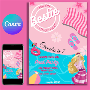 Pink Fashion Doll Birthday Invitation, Glam Doll Party Invite for Girls, Cute Fashion Doll Birthday Editable Template Instant Download