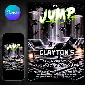 Jump Birthday Invitation Trampoline Park Party Invitation Editable Jump Theme Invite for Birthday Instant Download Let&#39;s Jump Evite